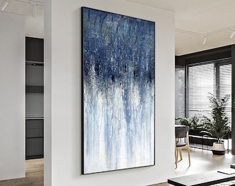 Blue Abstract Painting Dark Blue Textured Art Navy Blue White Abstract Painting Framed Blue Wall Art Original painting on Canvas Wall Decor