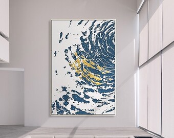 Navy Blue Swirl Abstract Painting Gold Color Textured art White Contemporary Art Framed wall art Seascape Original Painting Large Wall Decor