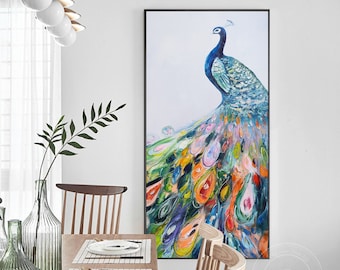 Peacock schilderij origineel ingelijste muur kunst kleurrijke Peacock acrylschilderij op canvas Paletmes dierlijke vogel schilderij Peacock Art Decor