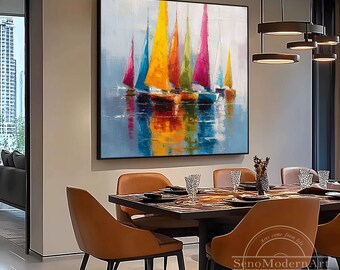 Textured Sailboat Painting on Canvas, Abstract Ocean Seascape Wall Art, Hand-Painted Nautical Boat Artwork for Beach House Decor