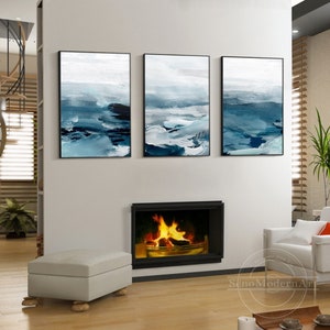 Set of 3 Blue Ocean Paintings Abstract Coastal Wall Art Blue Sea Waves Original Hand Painting on Canvas 3 Piece Large Living Room Wall Decor