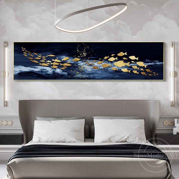 Marine Blau Handgemalte Abstrakte Gold Fisch Malerei Lange schmale Ozean Malerei Fischschwarm Unterwasser Gerahmte Wand Kunst Große Wand-Dekor