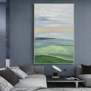 Framed Wall Art Abstract Green Blue Mountain Landscape Acrylic Painting on Canvas Large Wall Art Green Oil Painting Wall Art for Living Room