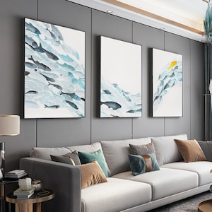 School of Fish Art,3 Pieces Light Blue Yellow Fish Painting On Canvas,Watercolor Ocean Fish Art,Set of 3 Fish Art,Large Coastal Wall Decor
