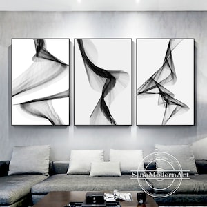 Set of 3 Framed Wall Art,Flowing Line Art,Abstract Black and White Print Painting on Canvas,Minimalist Wall Art,Extra Large Printable Art