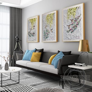 Set of 3 Flying Brown Birds Hand Painting Wall decor Yellow Tree heavy texture Palette Knife Abstract art on Canvas Framed Large Wall Art