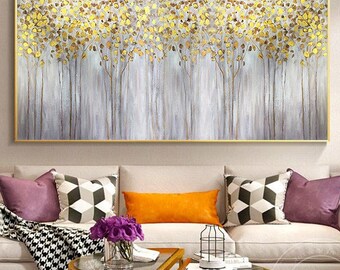 Pintura acrílica con textura de árbol dorado, gris, abstracta, hecha a mano, impresionista, marco grande, arte de pared, hoja de oro, estética, decoración de habitación, SenoModernArt