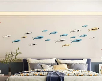 Shiny School of Fish Wall Art - Handmade Metal Art - Unique Ocean Beach Coastal Home Wall Decor -Fish Family Minimalist Metal Wall Decor