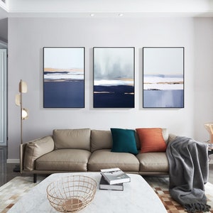 Navy Blue Gold Abstract Ocean Painting on Cnavas 3 Pieces Wall Art Set ...