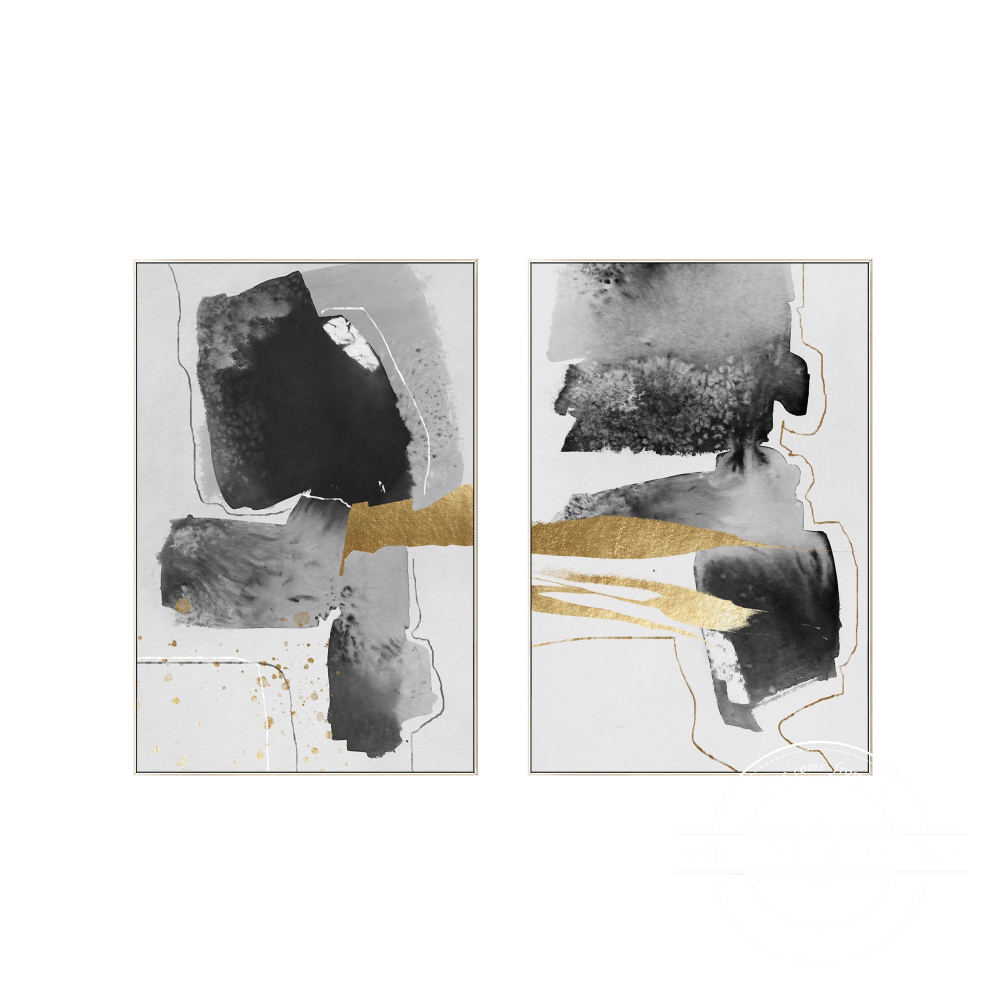 Set of 2 Frame Wall Art Abstract Gold Art Black and White | Etsy