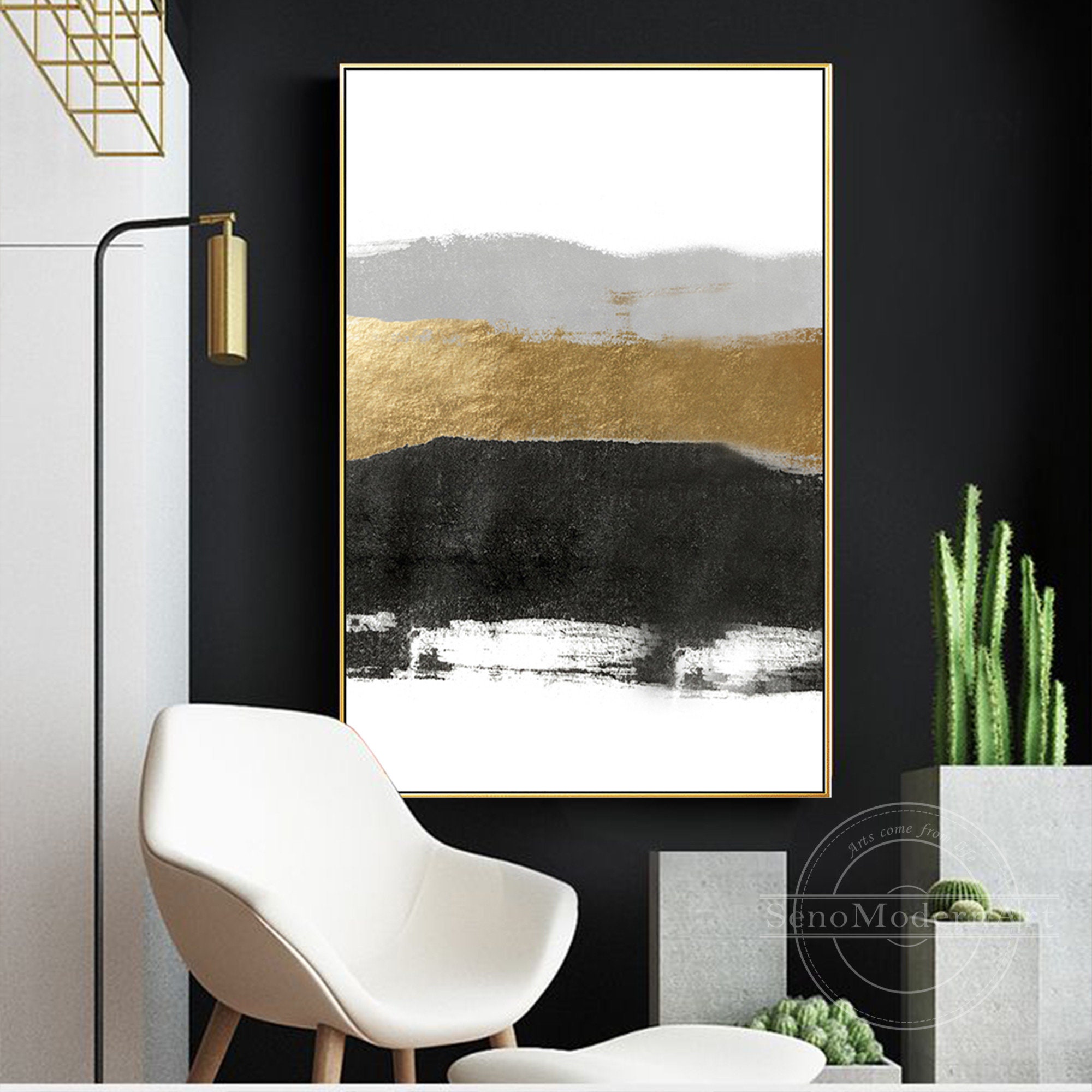 Frame Wall Art Modern Abstract Gold Black and White Grey Print | Etsy