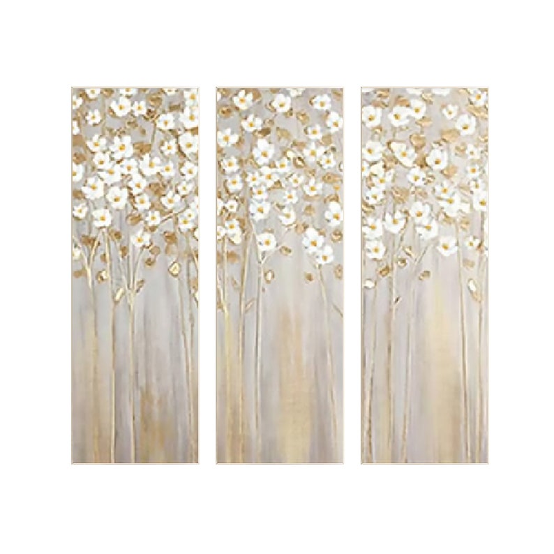 Set of 3 Gold Leaf Flower Painting Long Vertical Abstract Art - Etsy