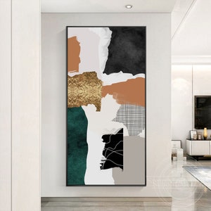 Frame Wall Art Abstract Geometric Gold Navy Brown Teal Black and White Acrylic Painting Painting on Canvas Large Wall Art Gold Art Painting