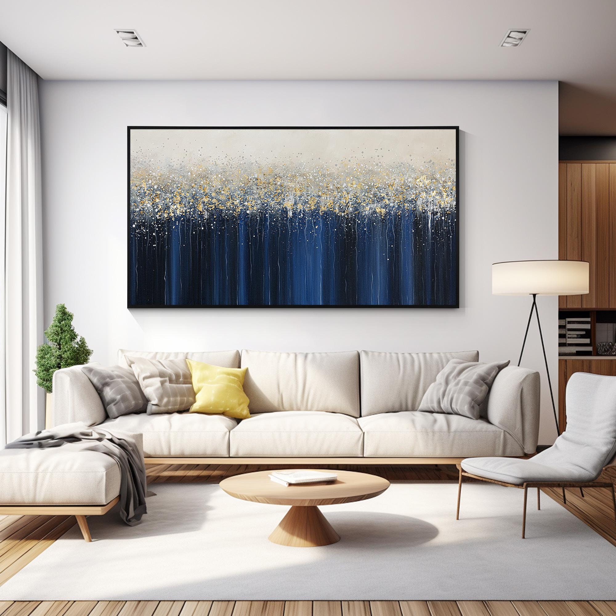 Quadro Astratto Blu Dipinto A Mani Su Tela, Arte Da Parete 91x122 Cm, Decorazione Moderna Per Soggiorno