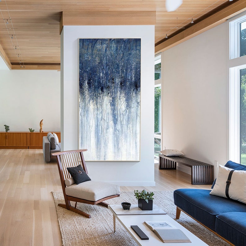 Dark blue textured abstract art with navy blue and white accents, framed canvas wall decor