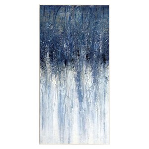 May include: A vertical rectangular canvas painting featuring an abstract composition with a gradient transition from deep navy blue at the top to a pale, washed-out white at the bottom, characterized by layered, swirling, and vertical line textures.
