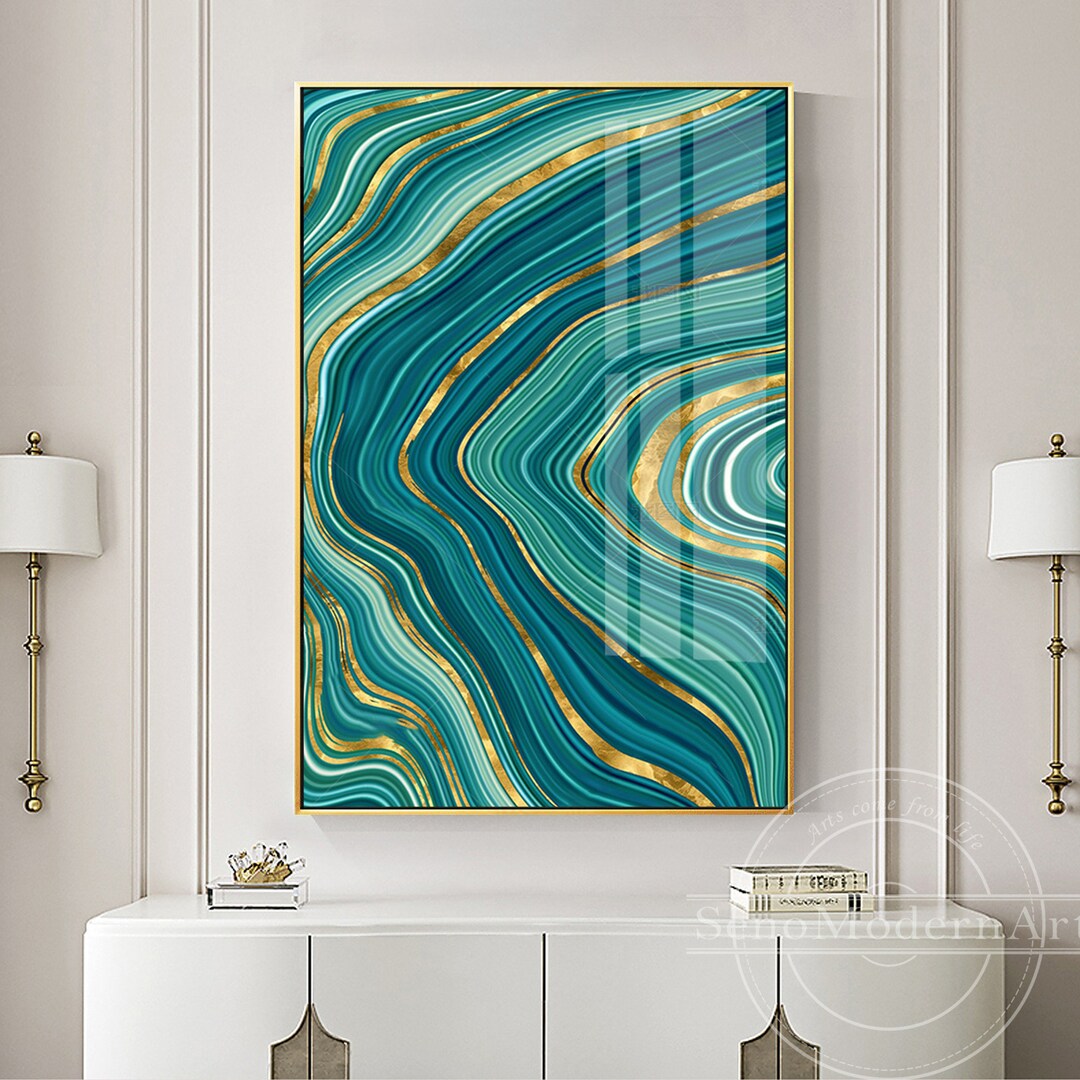 Frame Wall Art Modern Abstract Gold Green White Seascape Ocean Waves Print Painting on Canvas