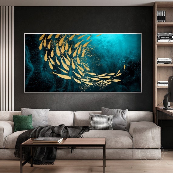 Horizontal Gold Fish Painting Aqua Green Abstract Art Original Painting  Framed Wall Art Turquoise Ocean Oversized Art Living Room Wall Decor -   Canada