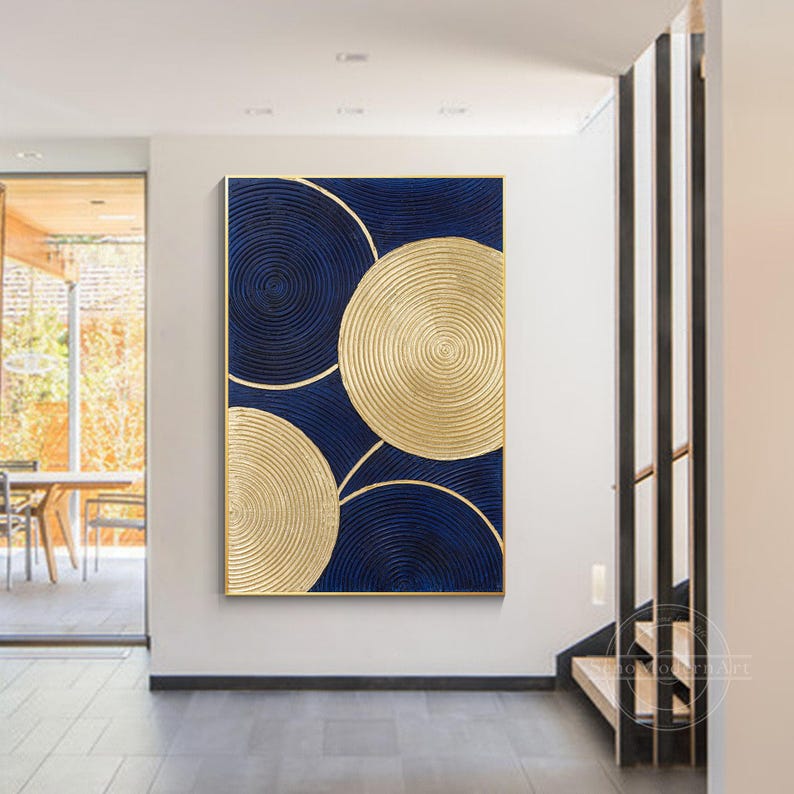 Gold Navy Blue Enso Circle Painting, Textured Abstract Vertical Canvas ...