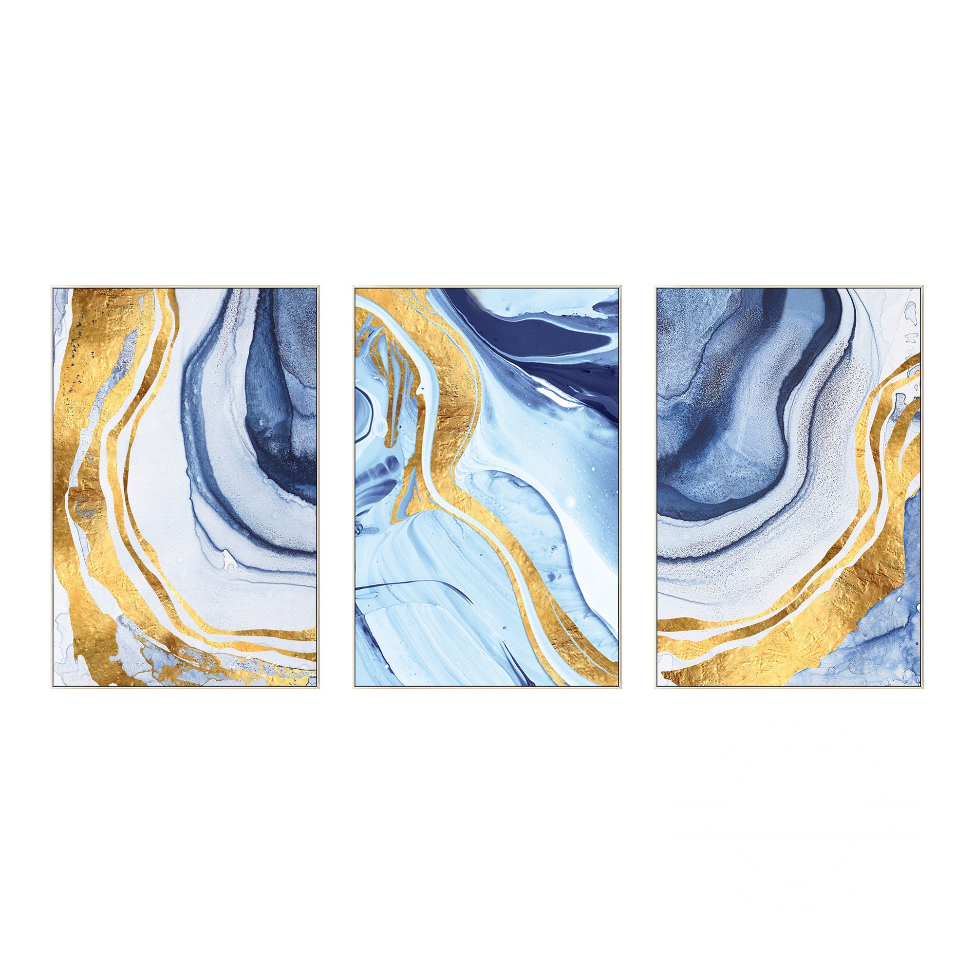 Set of 3 Frame Wall Art Abstract Gold Blue Ocean Waves | Etsy