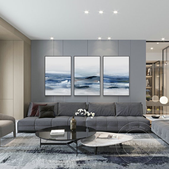 Set of 3 Framed Wall Art Abstract Steel Blue White Seascape - Etsy