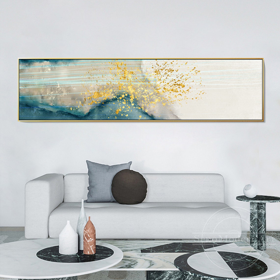 Frame Wall Art Abstract Gold Blue Line Art Print Painting on | Etsy