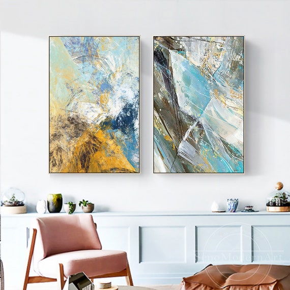 Set of 2 Frame Wall Art Abstract Blue Yellow Black Print Painting