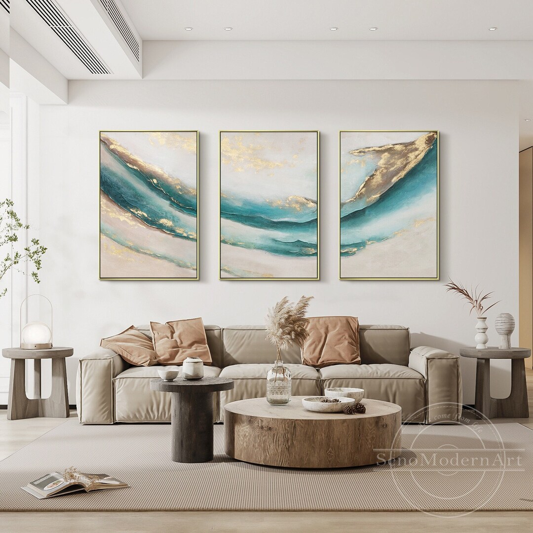 Set of 3 Gold Dolphin Painting Turquoise Abstract Art Framed Wall Art ...