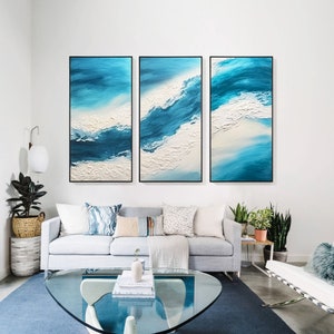 Set of 3 Blue Abstract Ocean Wave Wall Art Abstract Seascape Wall Art ...