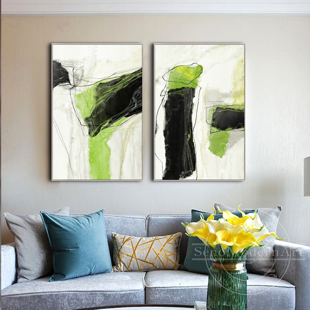 Set of 2 Frame Wall Art Abstract Green Black and White Watercolor Print