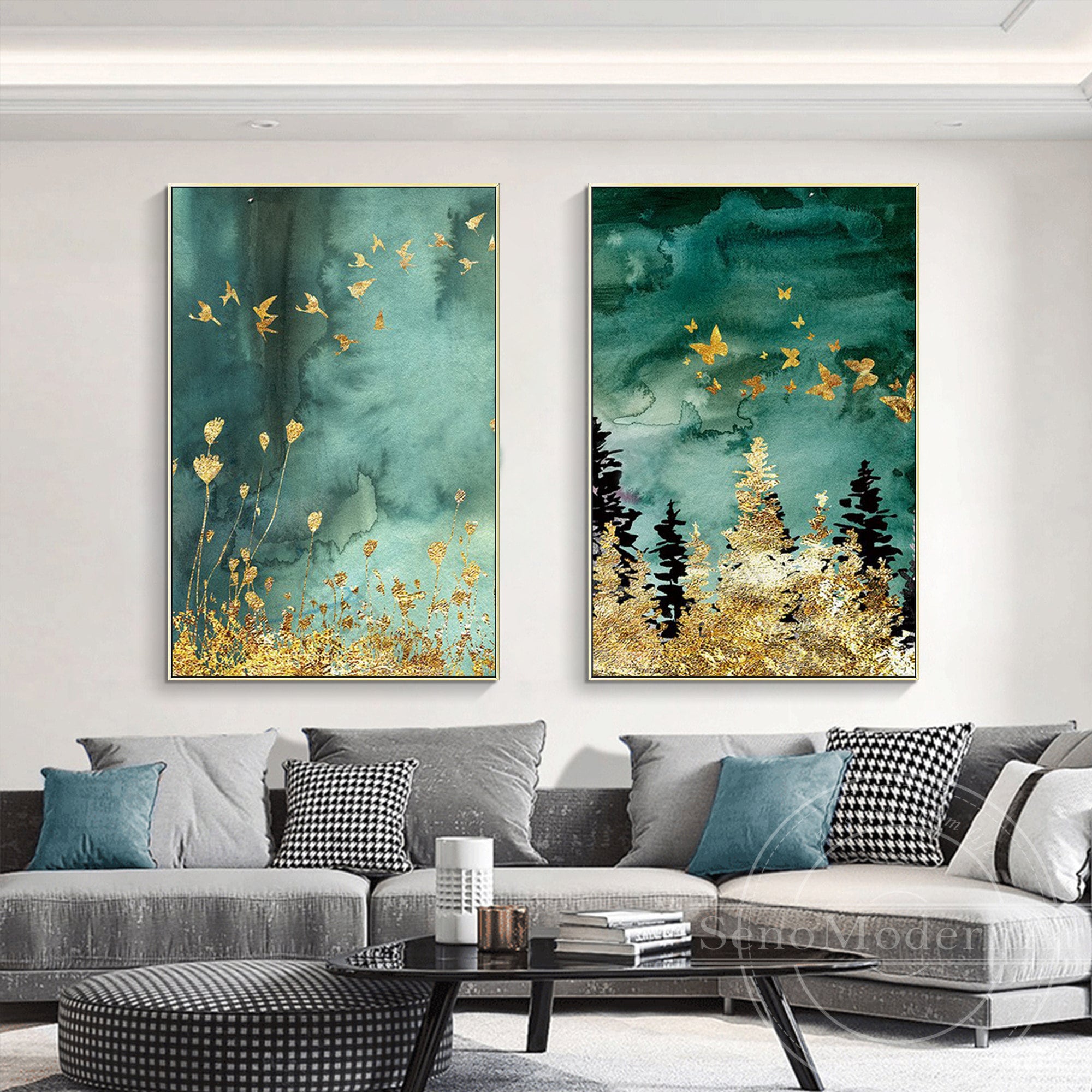 Set of 2 Frame Wall Art Abstract Gold Black Green Tree Etsy