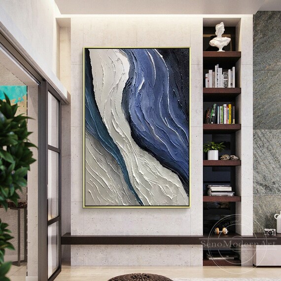 Quadro Astratto Blu Dipinto A Mani Su Tela, Arte Da Parete 91x122 Cm, Decorazione Moderna Per Soggiorno