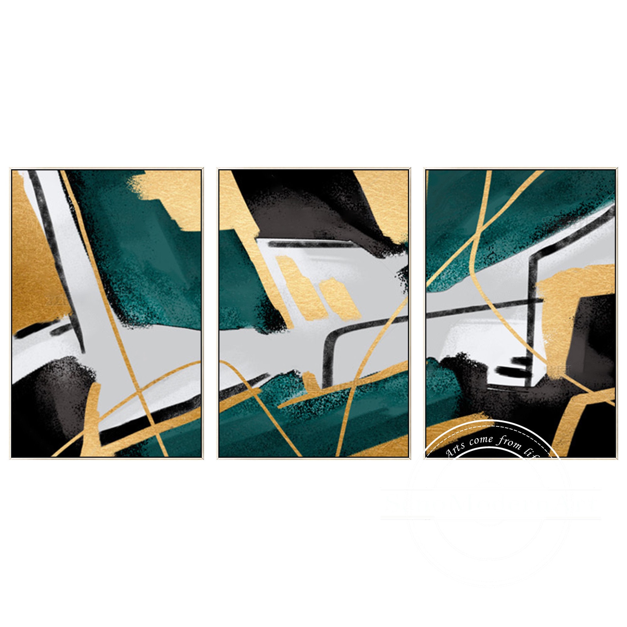 Set of 3 Frame Wall Art Abstract Geometric Gold Green Black and White ...