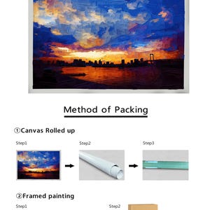 K&ouml;nnte beinhalten: Ein Leinwanddruck mit einer Stadtlandschaft bei Sonnenuntergang in Blau-, Orange- und Gelbt&ouml;nen. Das Bild enth&auml;lt Anweisungen zur Rahmung mit einem 5 cm breiten wei&szlig;en Rand sowie Diagramme zu zwei Verpackungsmethoden: gerollte Leinwand oder gerahmtes Bild.