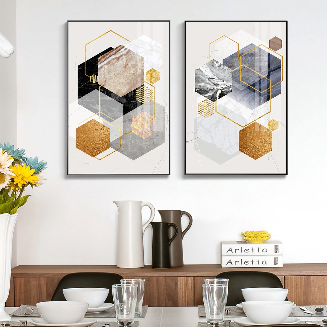 Set of 2 Frame Wall Art Geometric Abstract Gold Black Grey Etsy