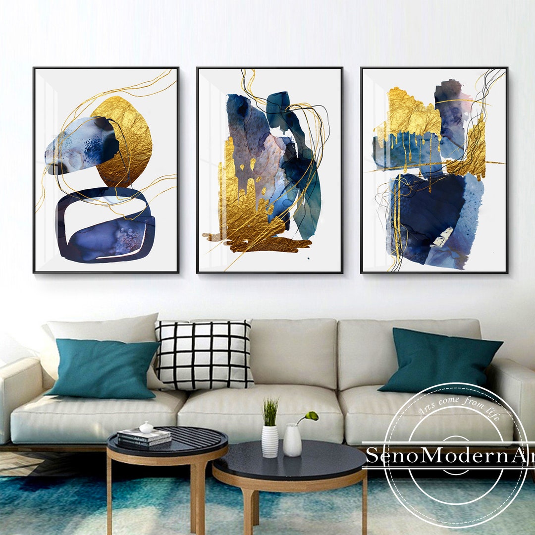 Set of 3 Frame Wall Art Abstract Geometric Gold Navy Blue Pink - Etsy