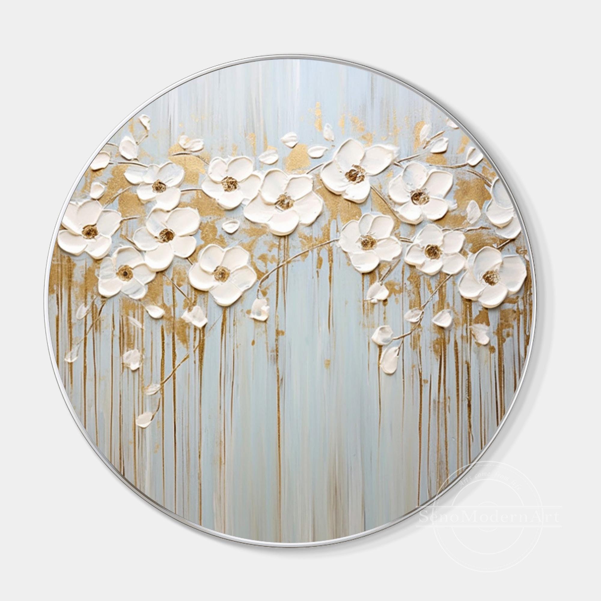Gold White Round Flower Painting, Abstract Textured Floral Wall Art ...