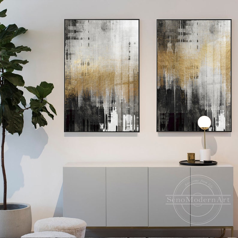 Set of 2 Frame Wall Art Abstract Gold Black and White Print Etsy