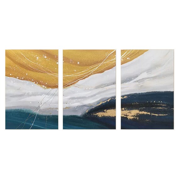 青と黄色の抽象的な海の絵画キャンバス：3枚の大きな壁アートのセット