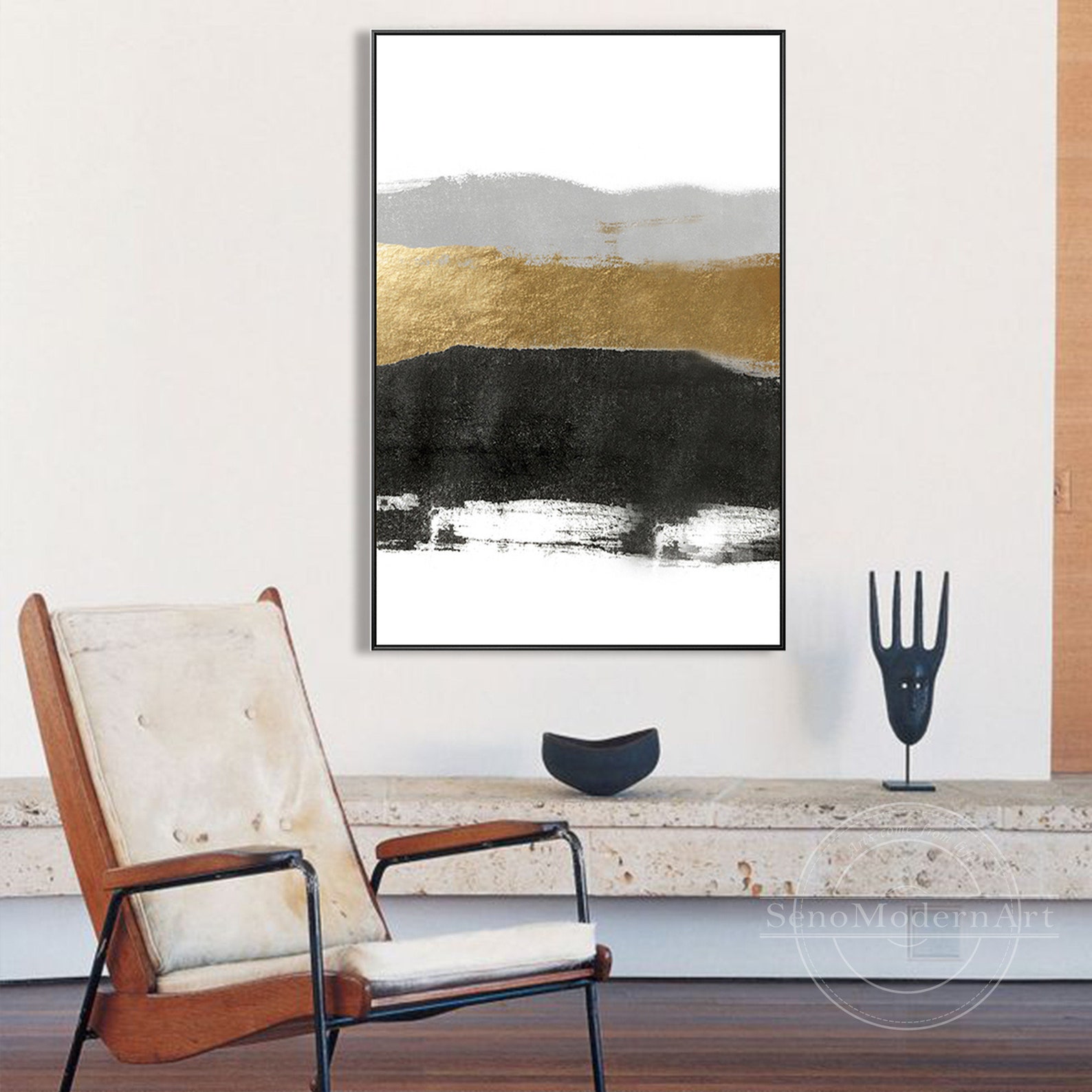 Frame Wall Art Modern Abstract Gold Black and White Grey Print | Etsy