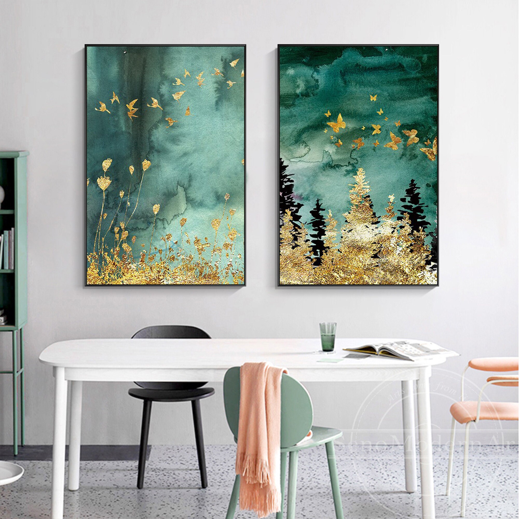 Set of 2 Frame Wall Art Abstract Gold Black Green Tree Etsy