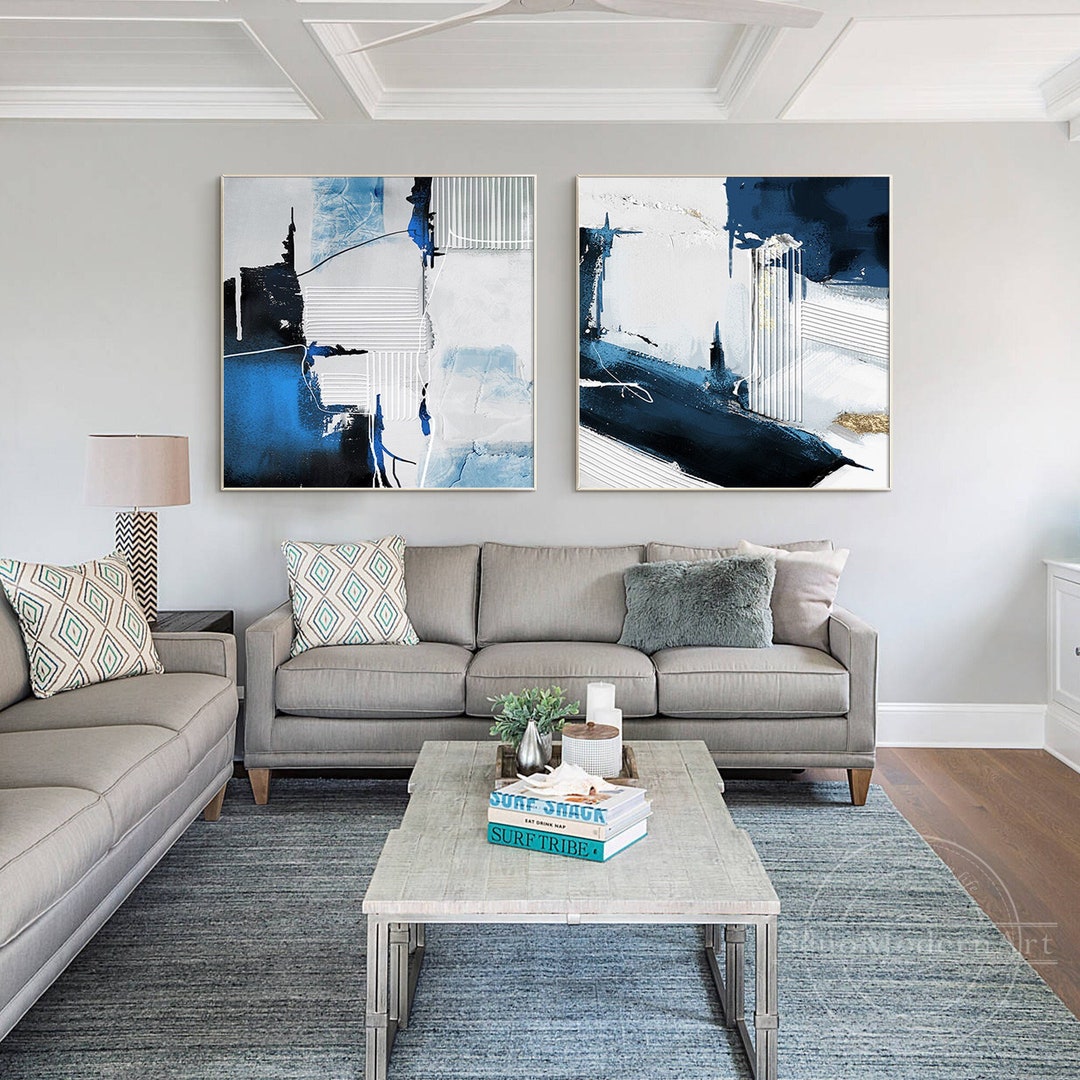 Set of 2 Blue Painting White Abstract Art Dark Blue Textured Etsy