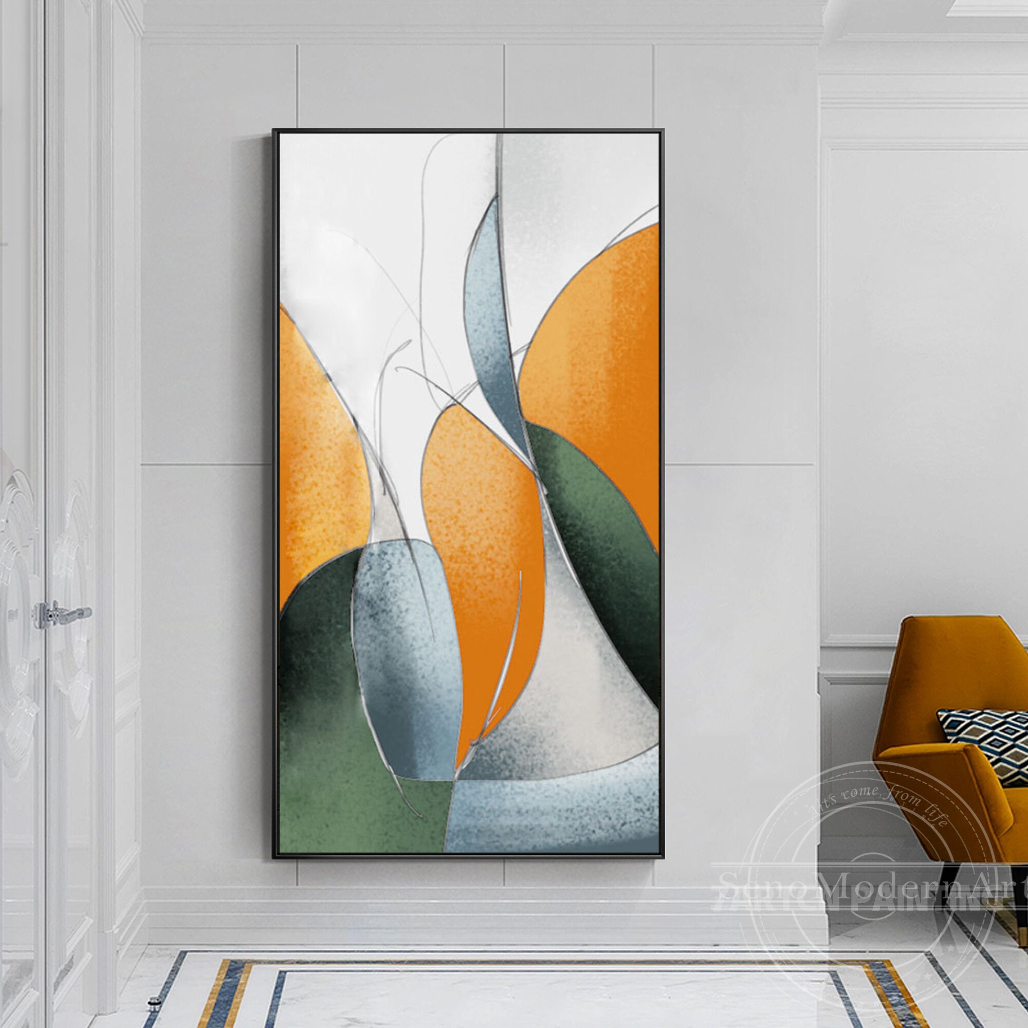 Frame Wall Art Abstract Geometric Blue Orange Green Grey Acrylic