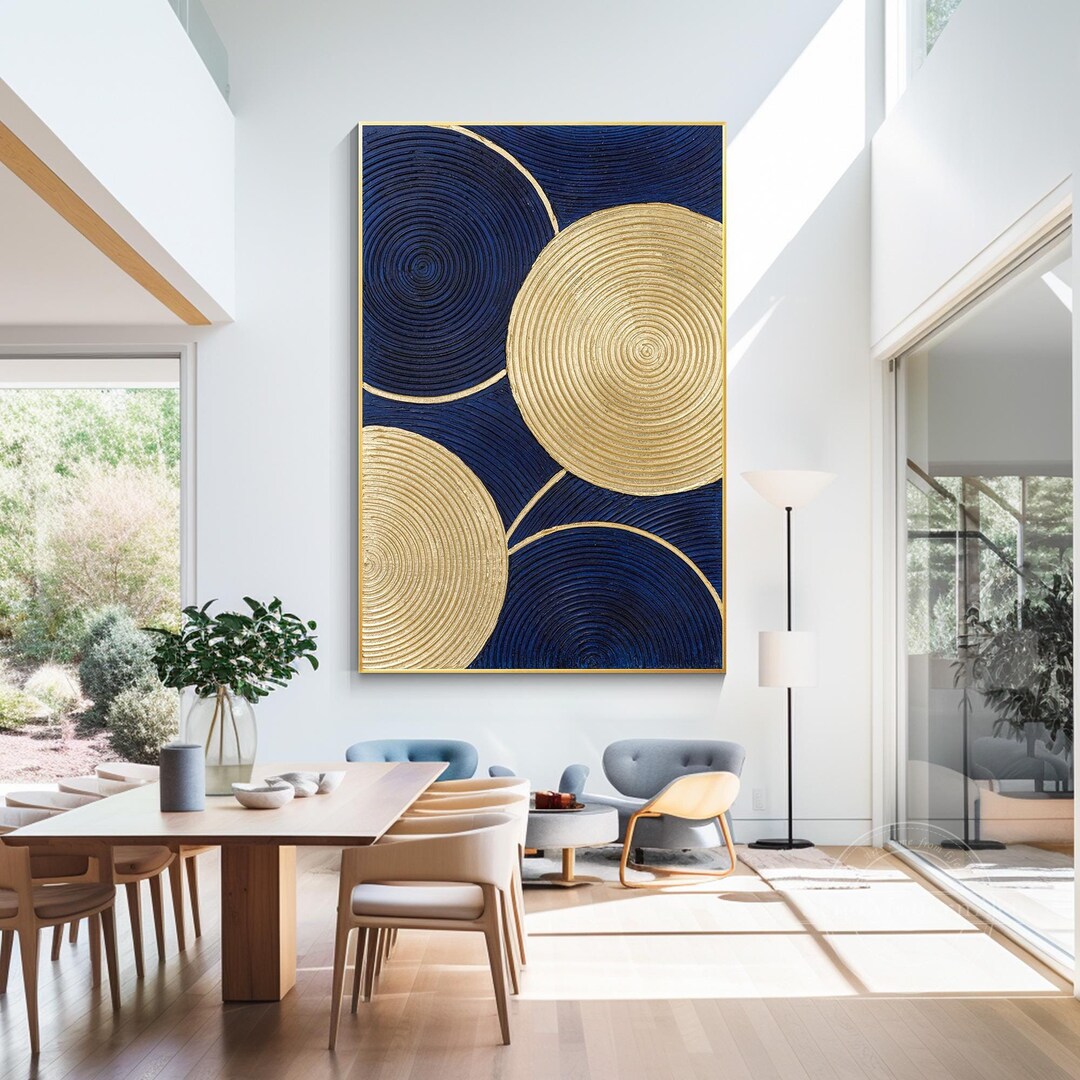 Gold Navy Blue Enso Circle Painting, Textured Abstract Vertical Canvas ...