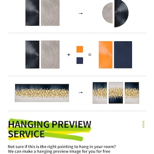 May include: An infographic titled CUSTOMIZED SERVICE and HANGING PREVIEW SERVICE. It displays examples of wall art being cropped into circles or split into panels, color customization options, and a before-and-after room visualization.
