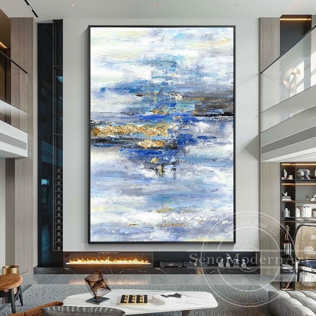 Blue Gold Leaf Abstract Painting Minimalist Navy Blue Abstract Framed Wall Art Acrylic Painting