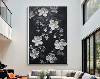手描きアートパネル 白い花 ブラック背景 3D 黒と白の花の絵画、壁アート、3D ペーパーアート、結婚式の装飾