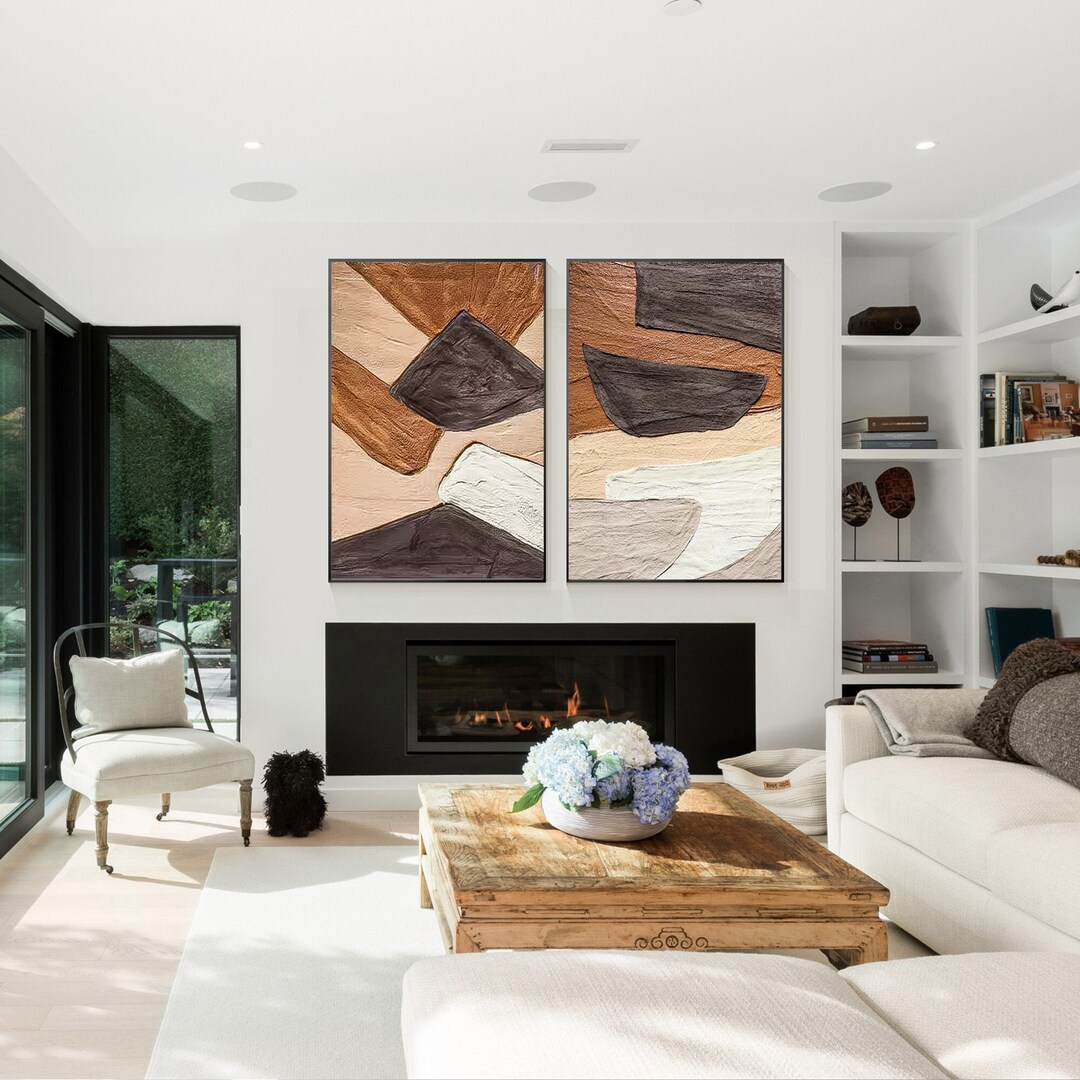 Set of 2 Brown Beige Abstract Painting Art 3D Texture Original Painting ...
