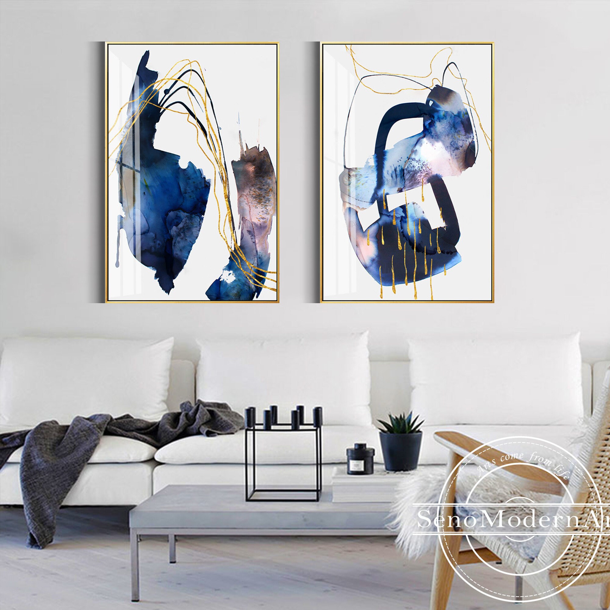 Set of 2 Frame Wall Art Abstract Gold Navy Blue Pink Black Etsy