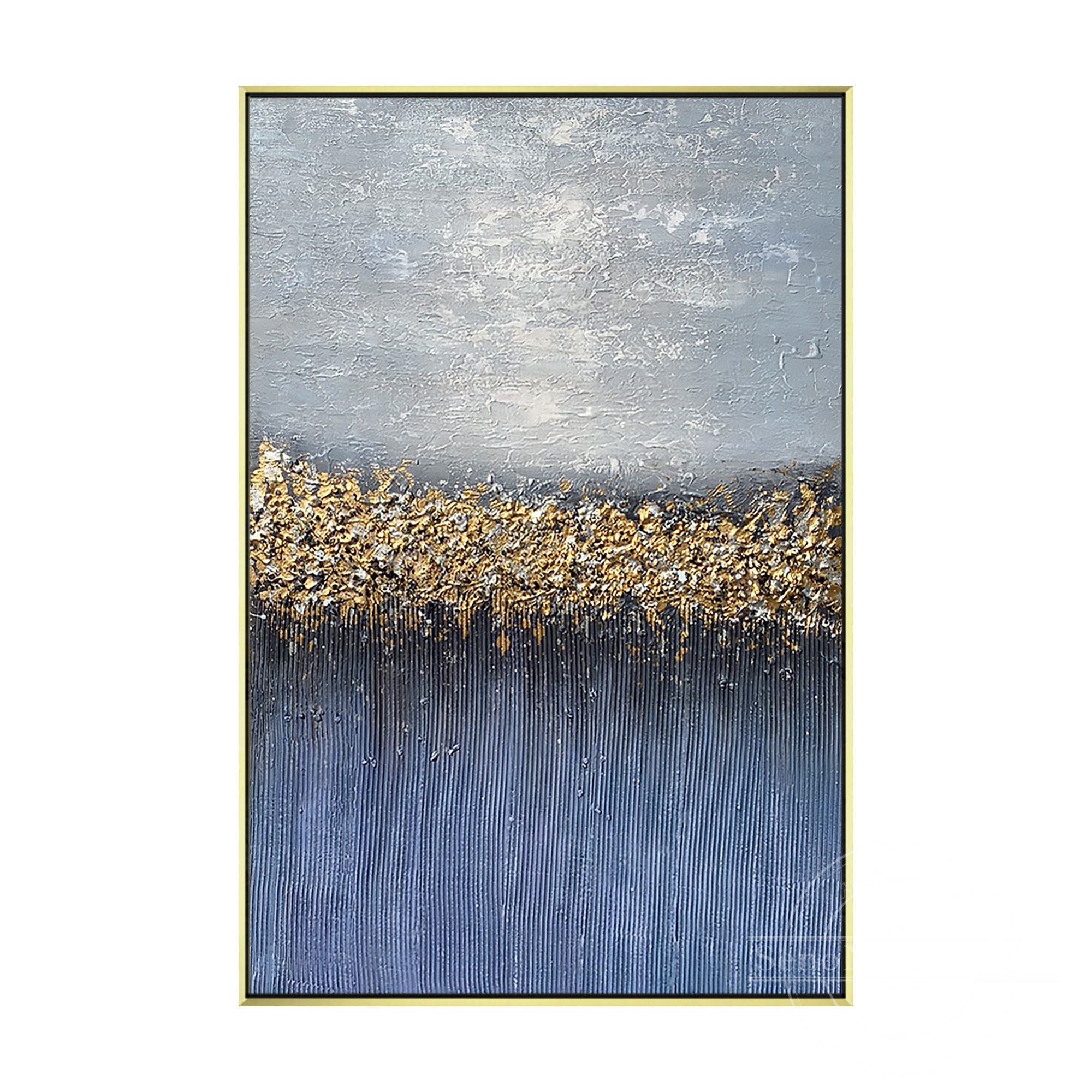 Blue Modern Abstract Painting Gold 3D Textured Art Seascape Original ...